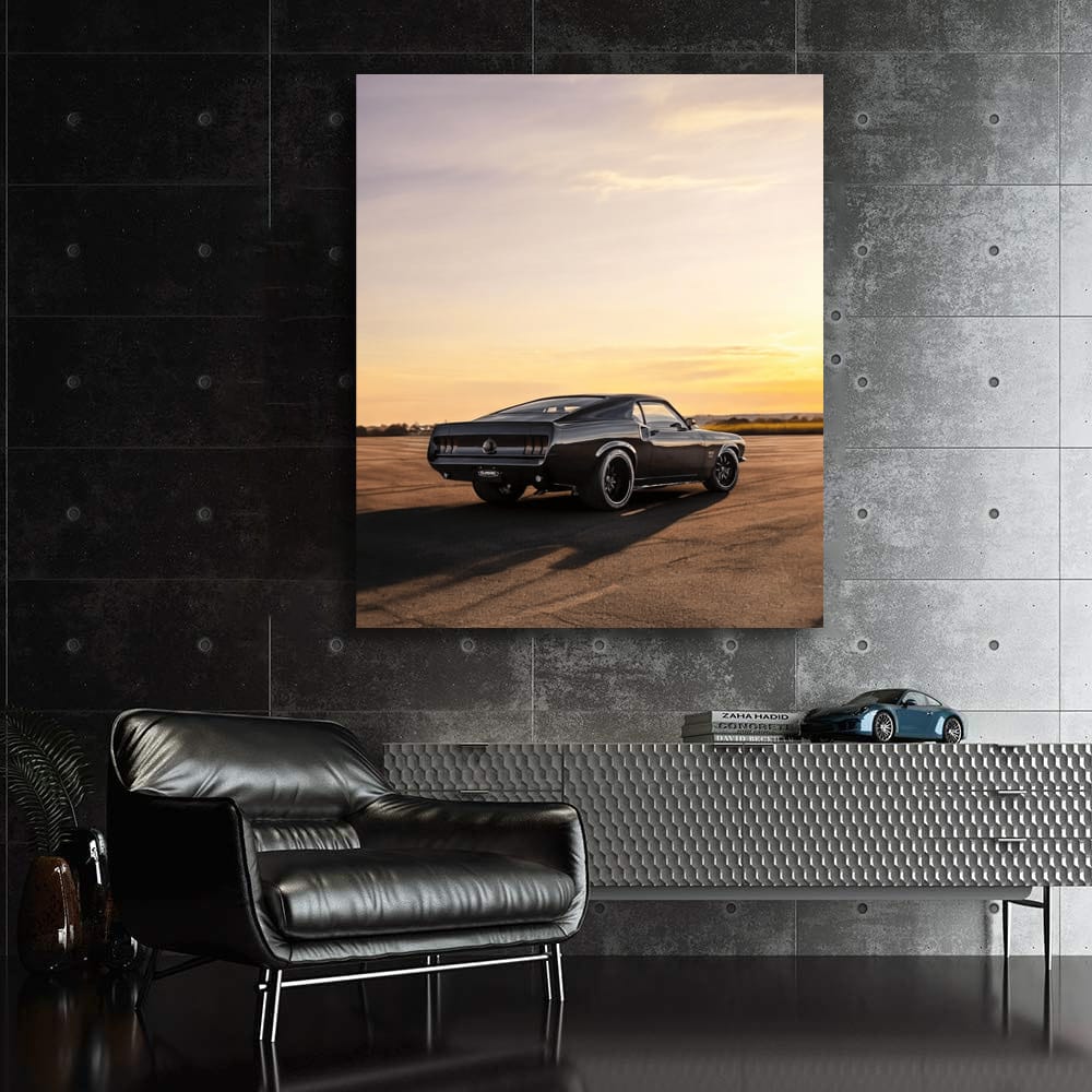 Classic Black Mustang at Sunset - Timeless Elegance