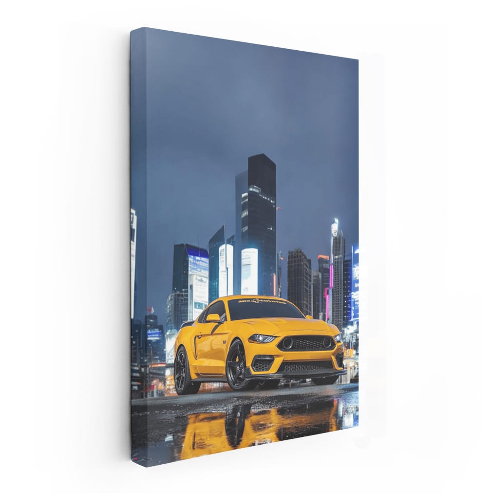 Yellow Mustang in Night Cityscape - Bold and Fearless