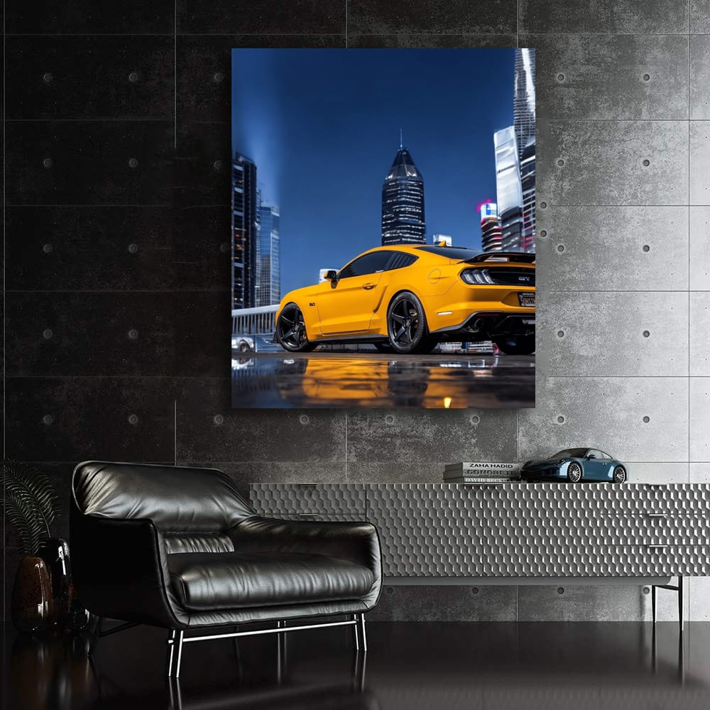Yellow Mustang in Nighttime Cityscape - Bold and Powerful