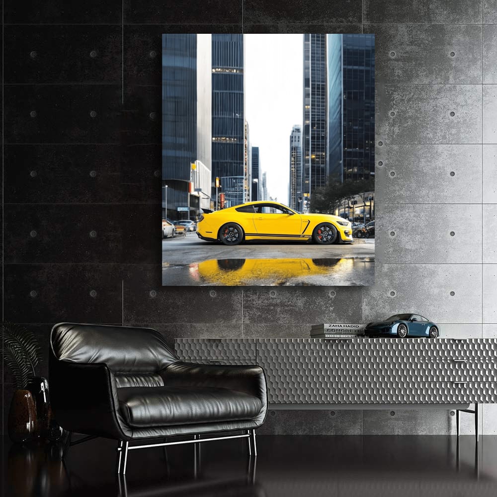 Yellow Mustang in Metropolis - Classic Power and Style