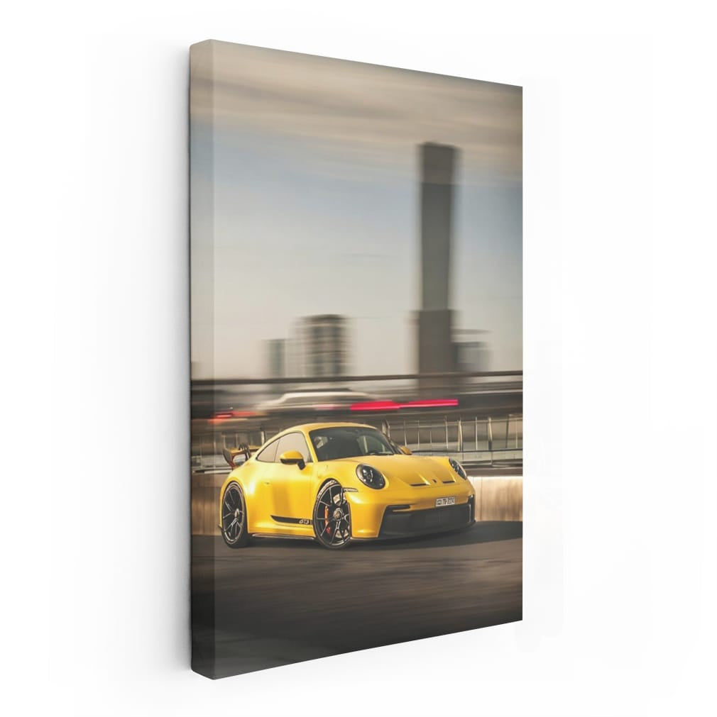 Yellow Porsche GT3 with Urban Backdrop - Speed and Elegance