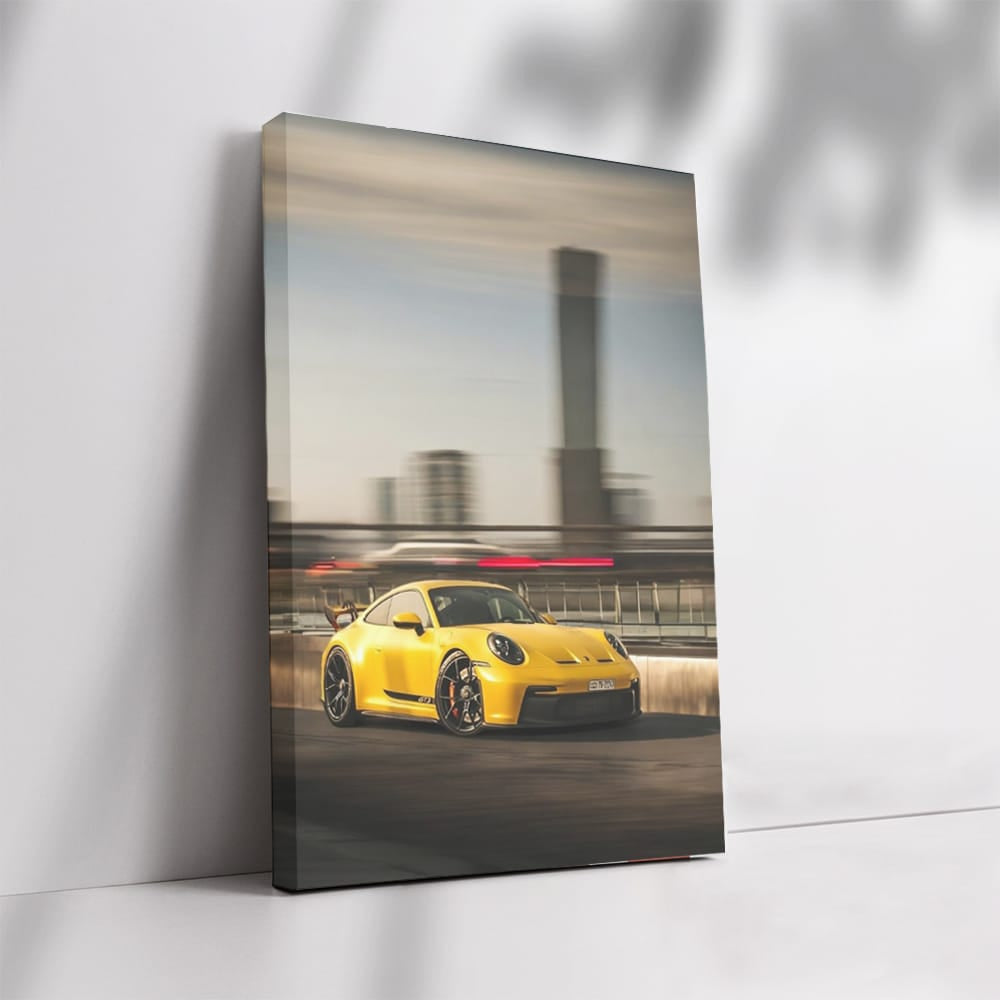 Yellow Porsche GT3 with Urban Backdrop - Speed and Elegance