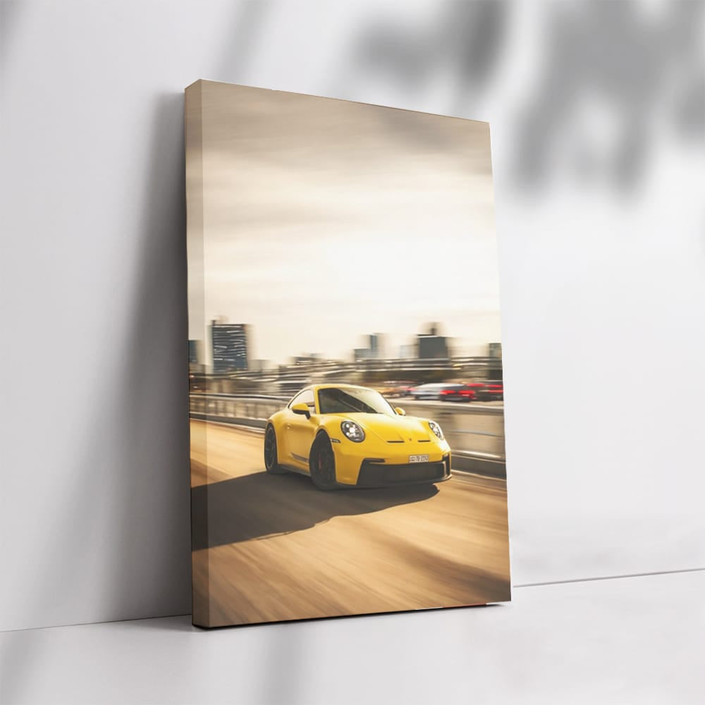 Yellow Porsche GT3 with Urban Backdrop - Speed and Elegance