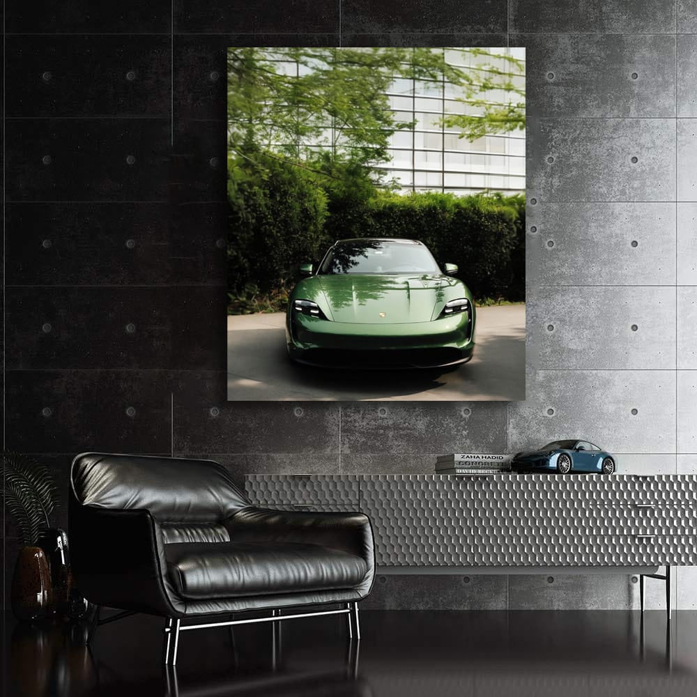 Vibrant Green Porsche by Glass Building - Sleek Style in Motion