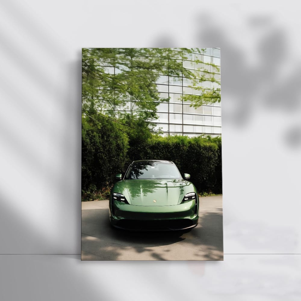 Vibrant Green Porsche by Glass Building - Sleek Style in Motion