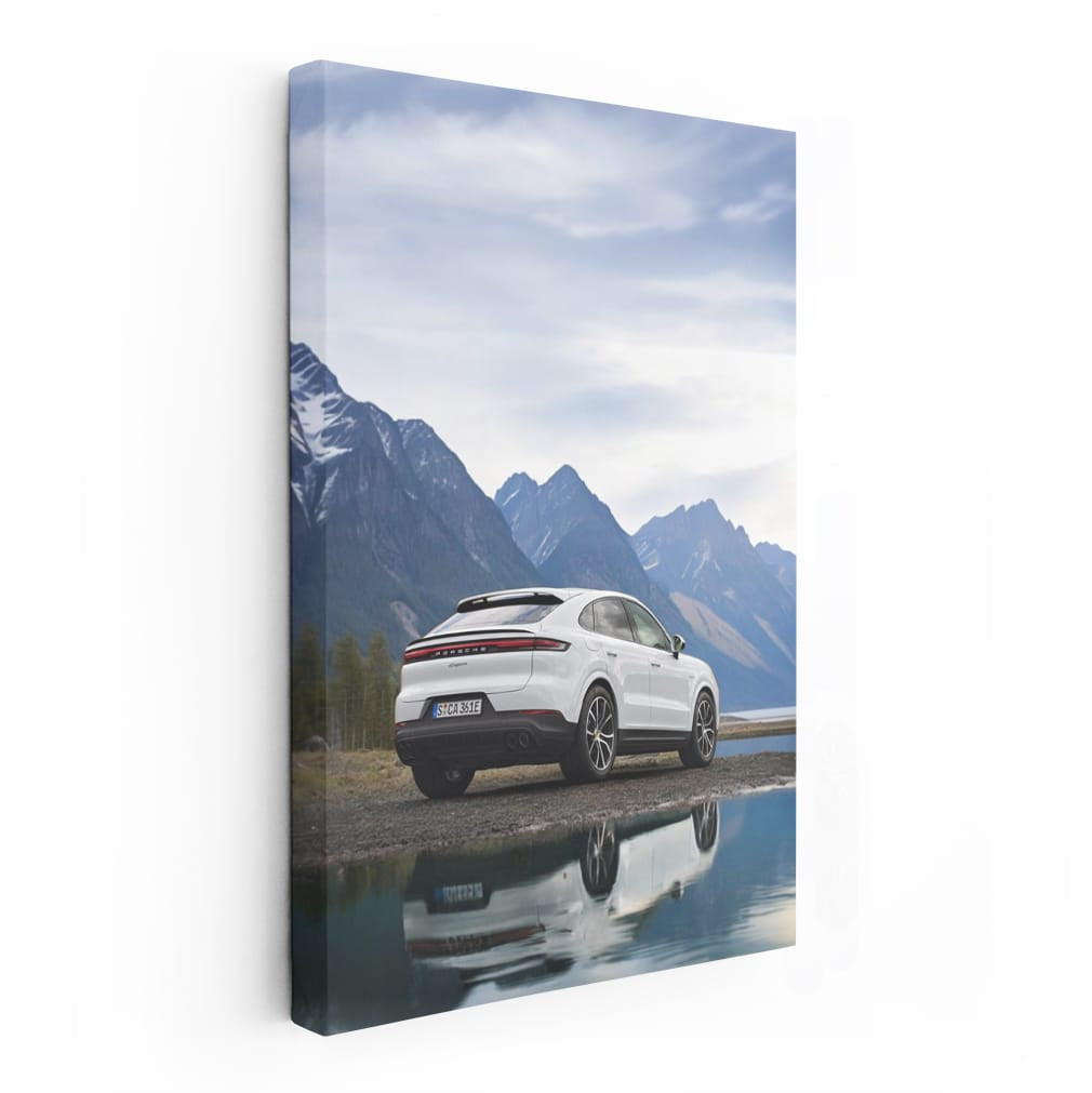 White Porsche Cayenne Coupe with Snowy Mountain Backdrop - Power & Elegance