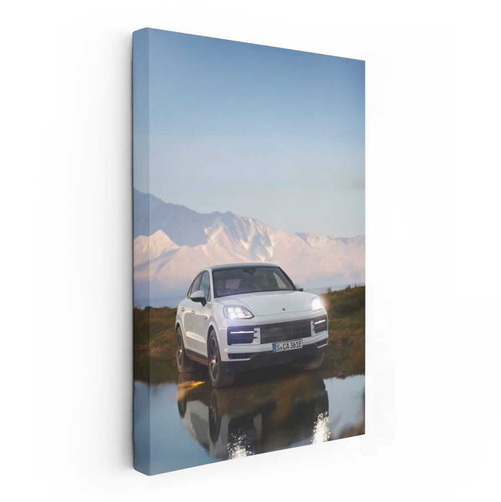 White Porsche Cayenne Coupe with Snowy Mountains - Power & Elegance