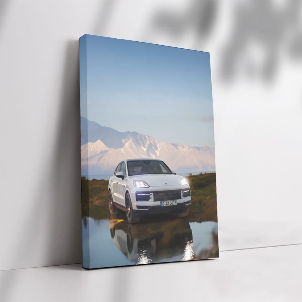 White Porsche Cayenne Coupe with Snowy Mountains - Power & Elegance