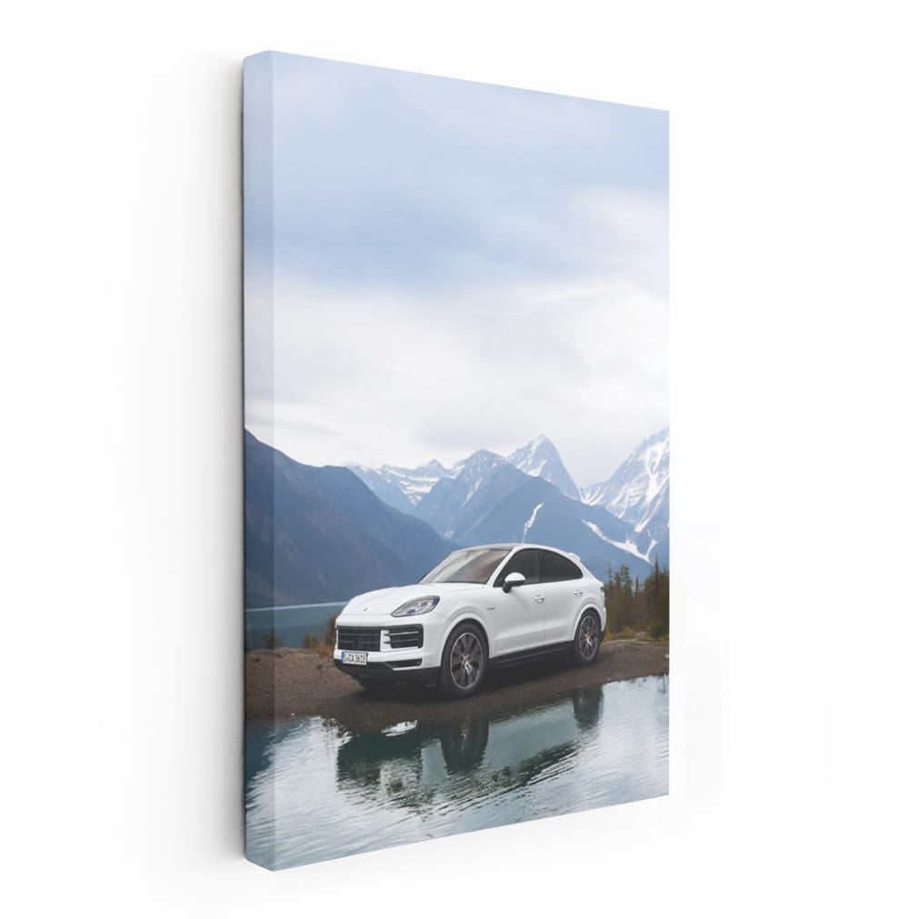 White Porsche Cayenne Coupe Amid Snowy Peaks - Power and Prestige