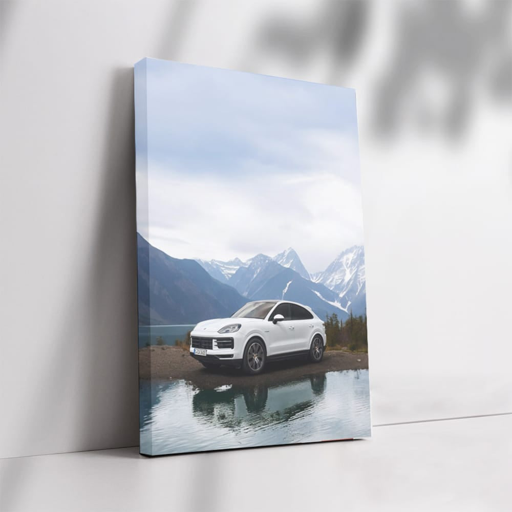 White Porsche Cayenne Coupe Amid Snowy Peaks - Power and Prestige