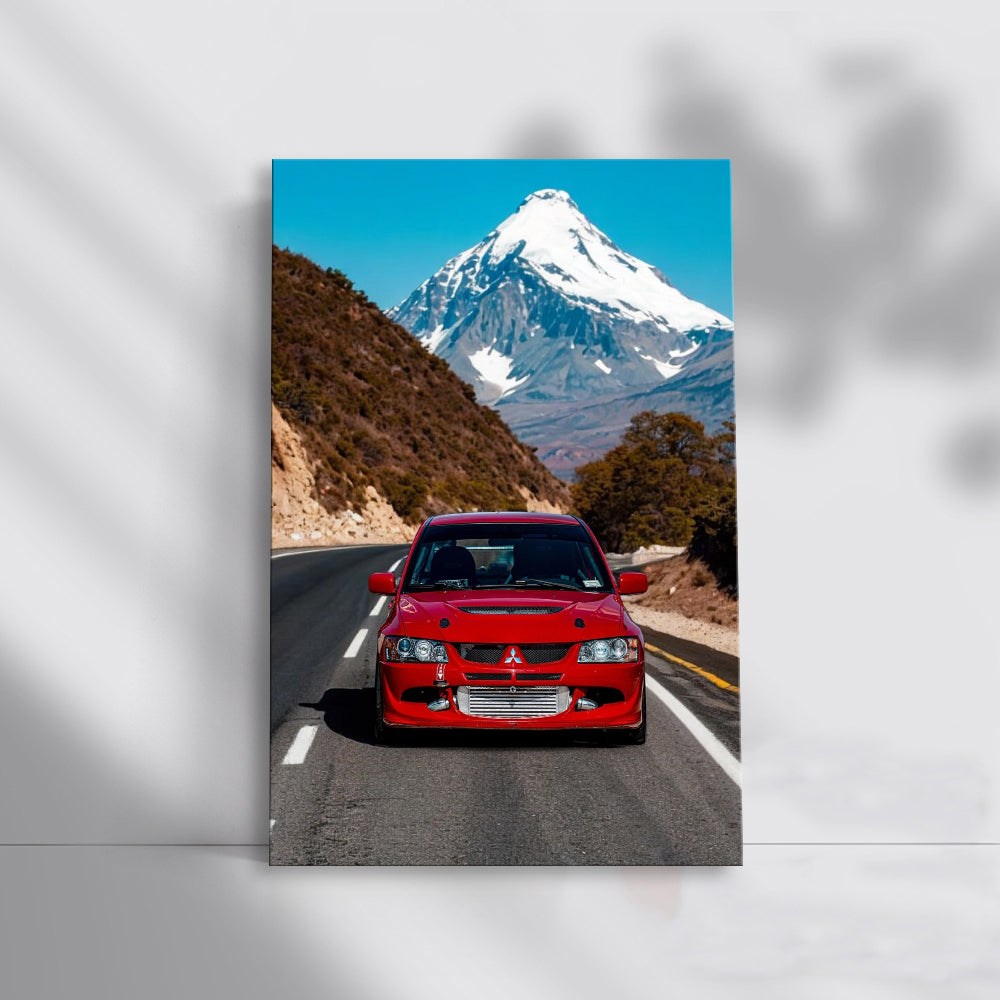 Red Mitsubishi Lancer Cruising by Snowy Peaks - Sporty Elegance