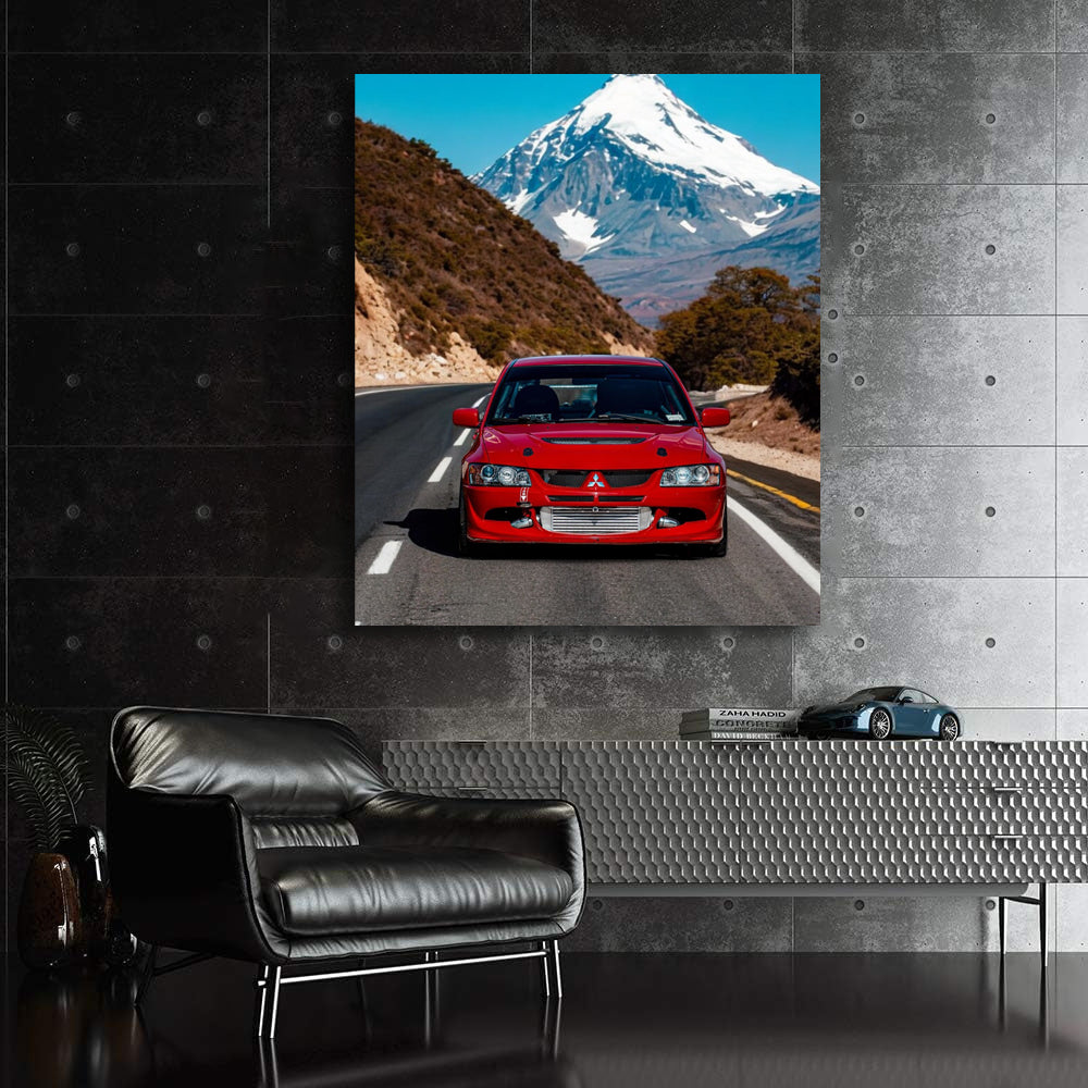 Red Mitsubishi Lancer Cruising by Snowy Peaks - Sporty Elegance