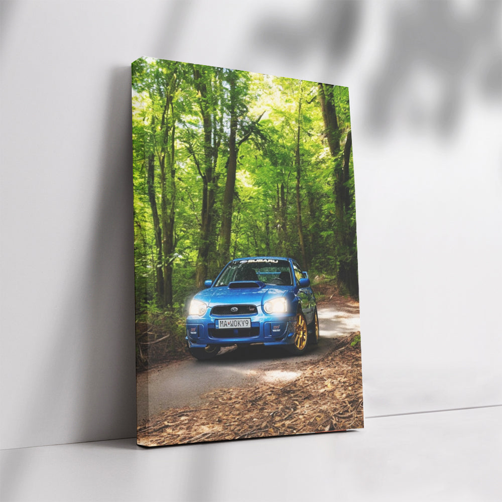 Blue Subaru WRX in Forest - Adventure Awaits