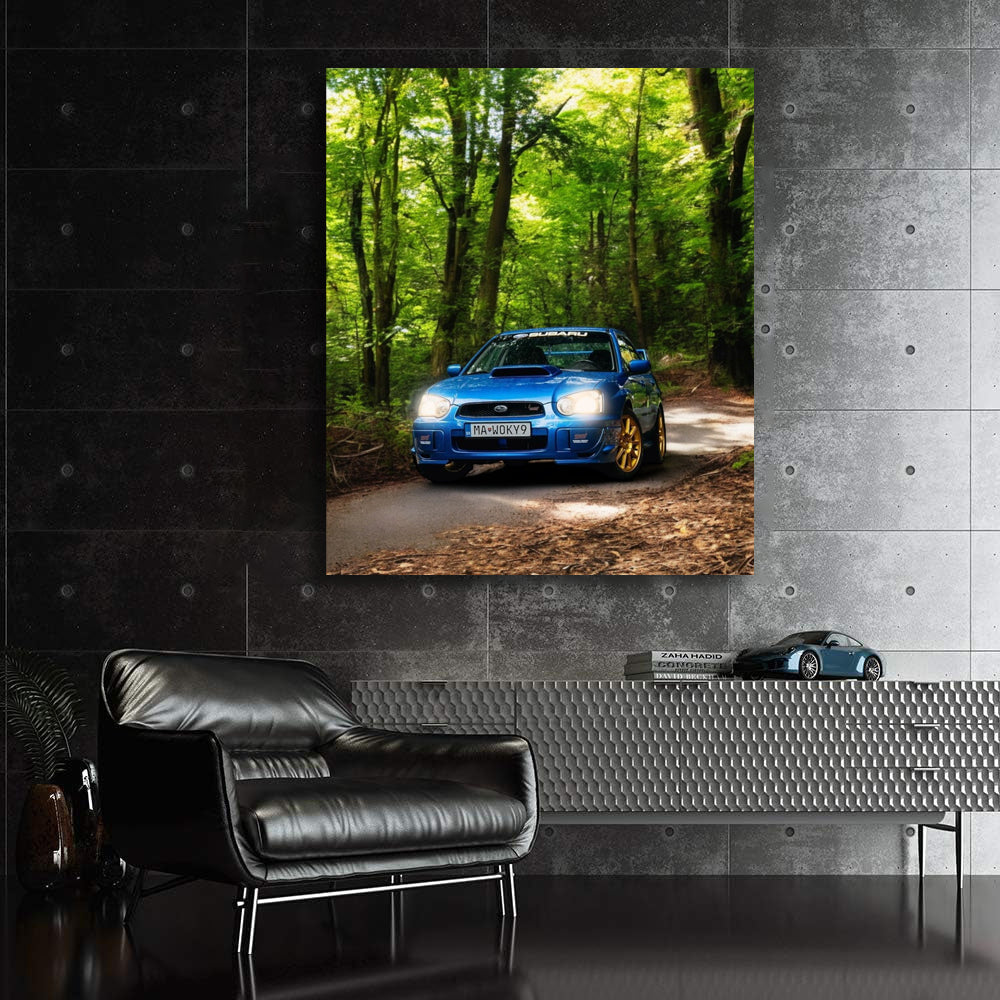 Blue Subaru WRX in Forest - Adventure Awaits