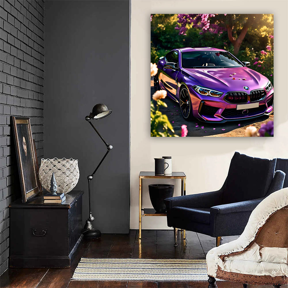 Purple BMW M8 Amid Blossoms - Elegance in Motion