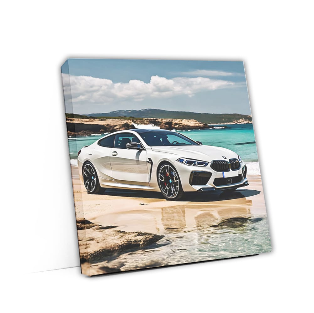 White BMW M8 on Beach - Elegant Power in Motion