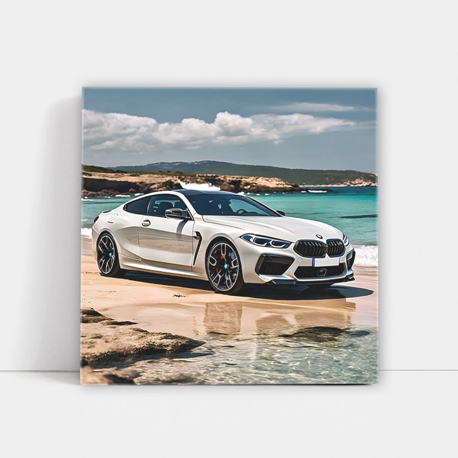 White BMW M8 on Beach - Elegant Power in Motion