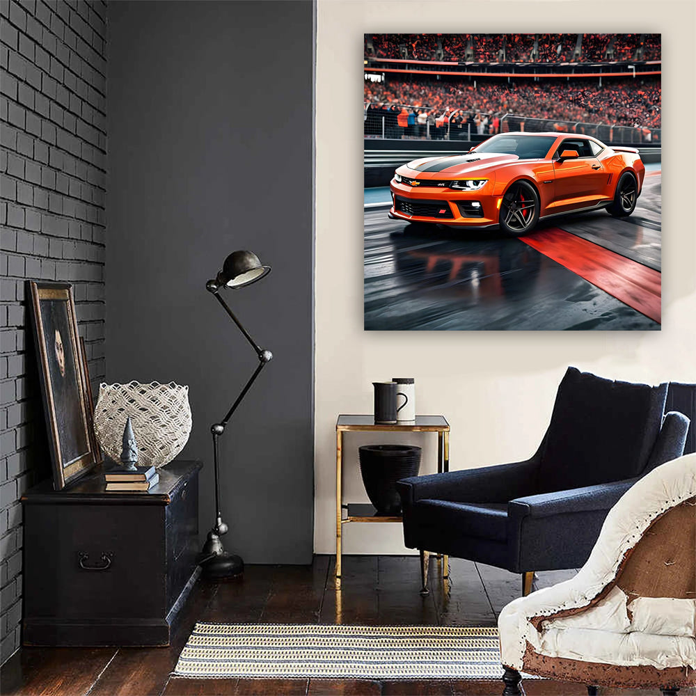 Orange Chevrolet Camaro SS on Racing Track - Power Unleashed