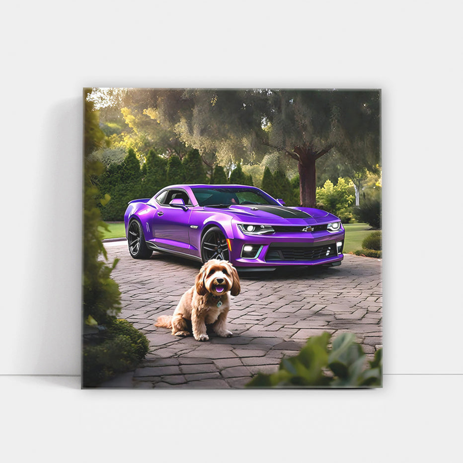 Purple Chevrolet Camaro ZL1 and Dog - Power and Style
