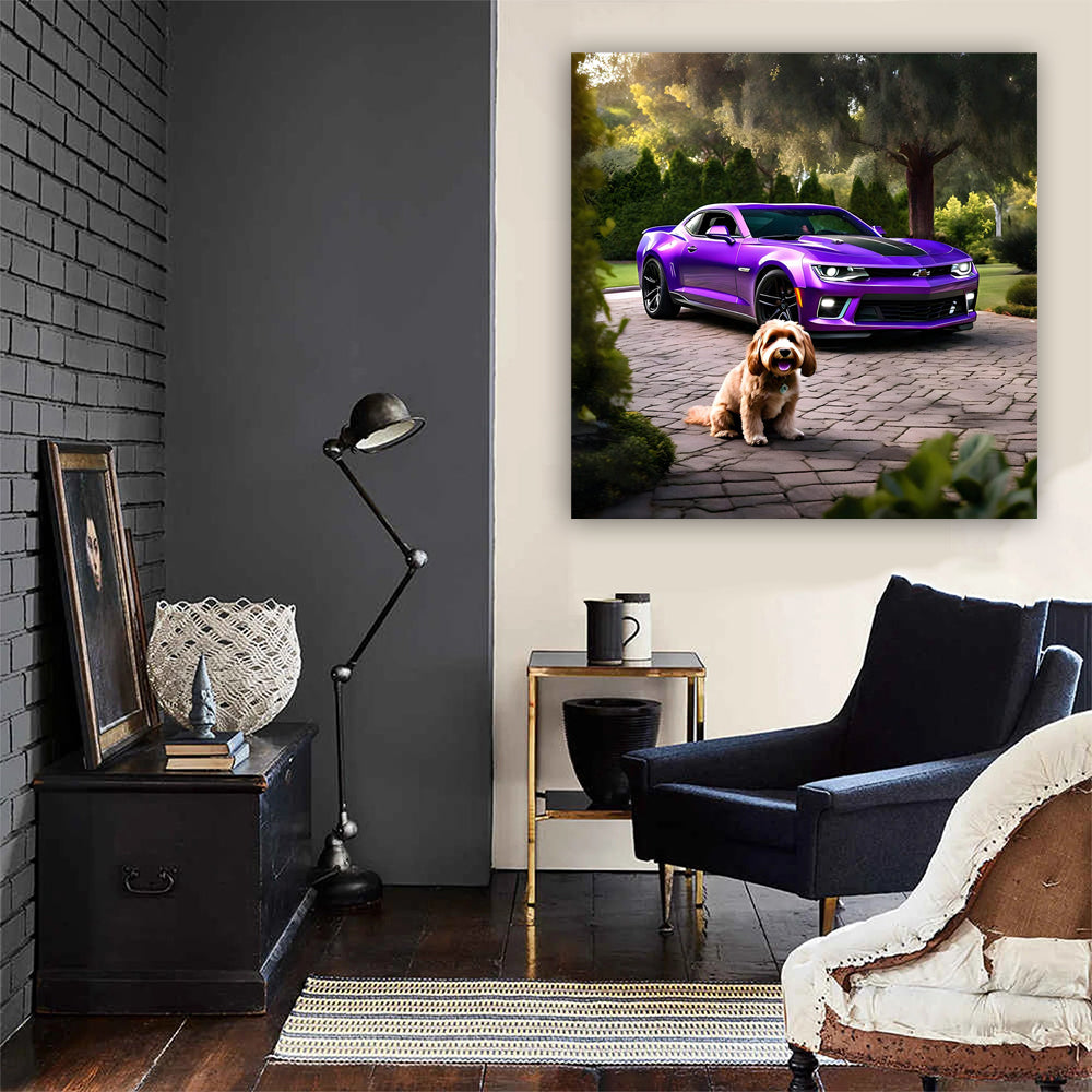 Purple Chevrolet Camaro ZL1 and Dog - Power and Style