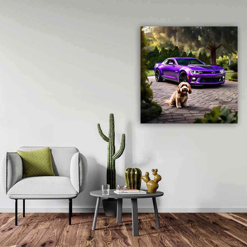 Purple Chevrolet Camaro ZL1 and Dog - Power and Style