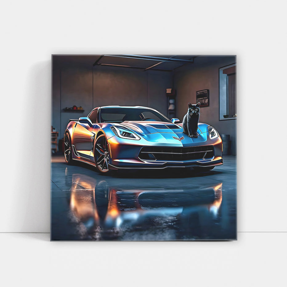 Blue Chevrolet Corvette with Cat - Sleek and Stylish Ride