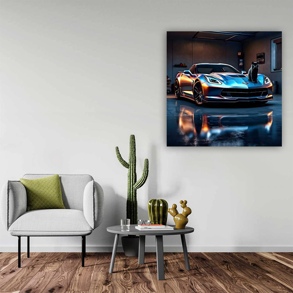 Blue Chevrolet Corvette with Cat - Sleek and Stylish Ride