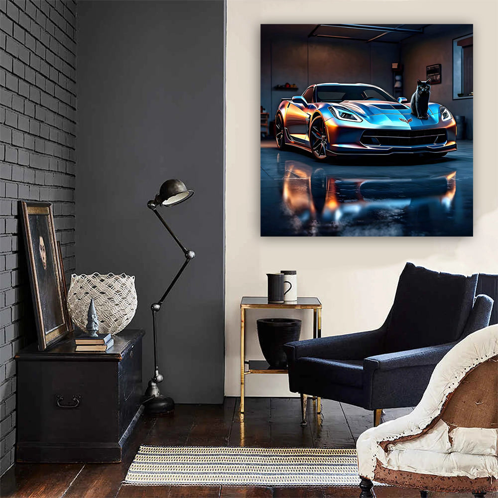 Blue Chevrolet Corvette with Cat - Sleek and Stylish Ride
