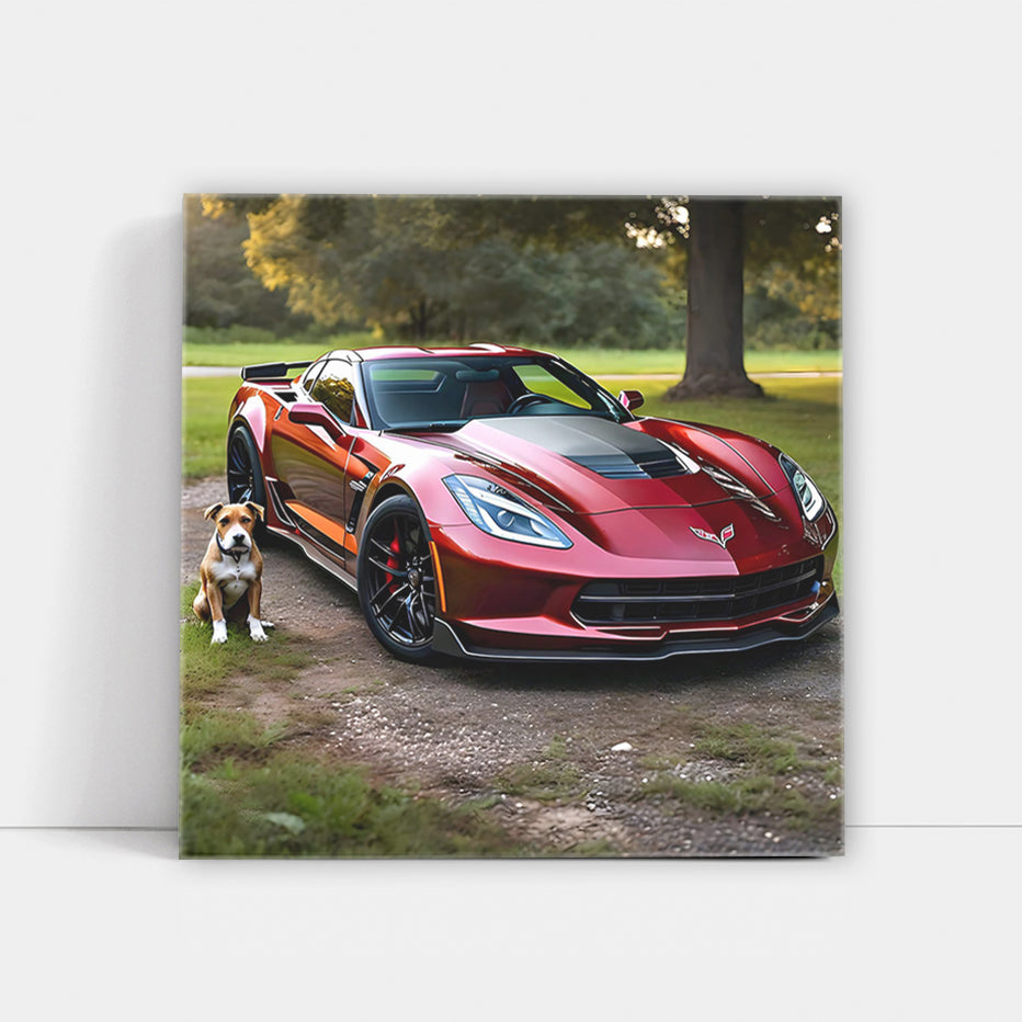 Burgundy Chevrolet Corvette with Dog - Classic Companion