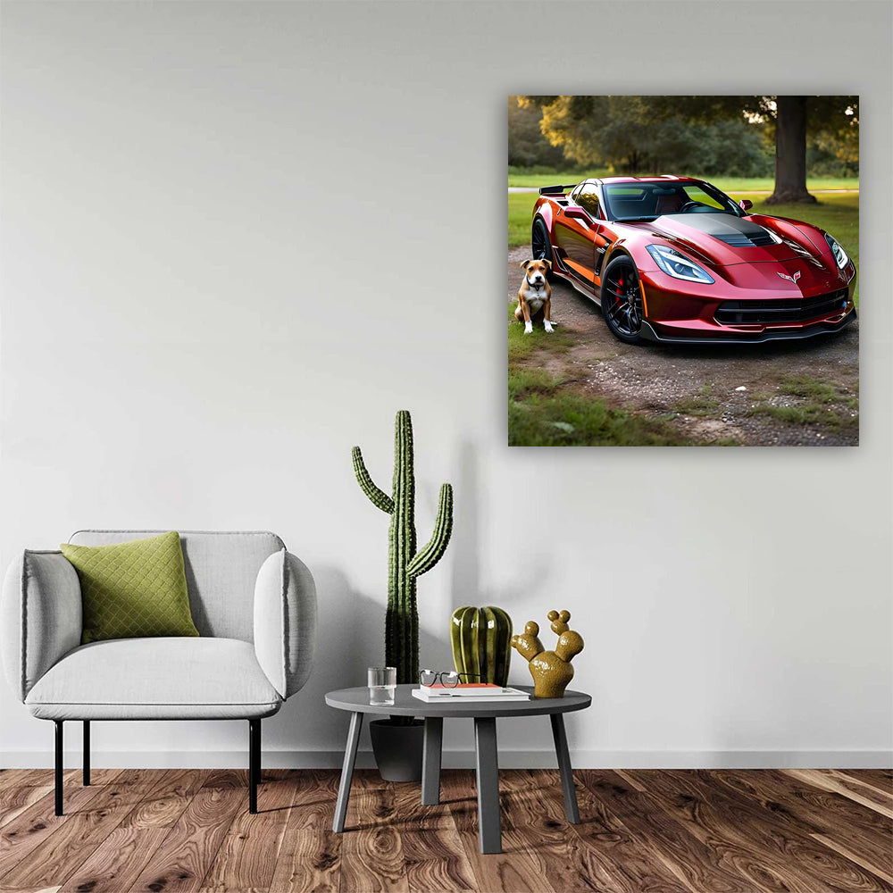 Burgundy Chevrolet Corvette with Dog - Classic Companion