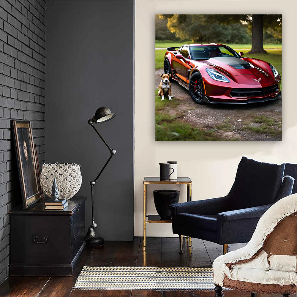 Burgundy Chevrolet Corvette with Dog - Classic Companion