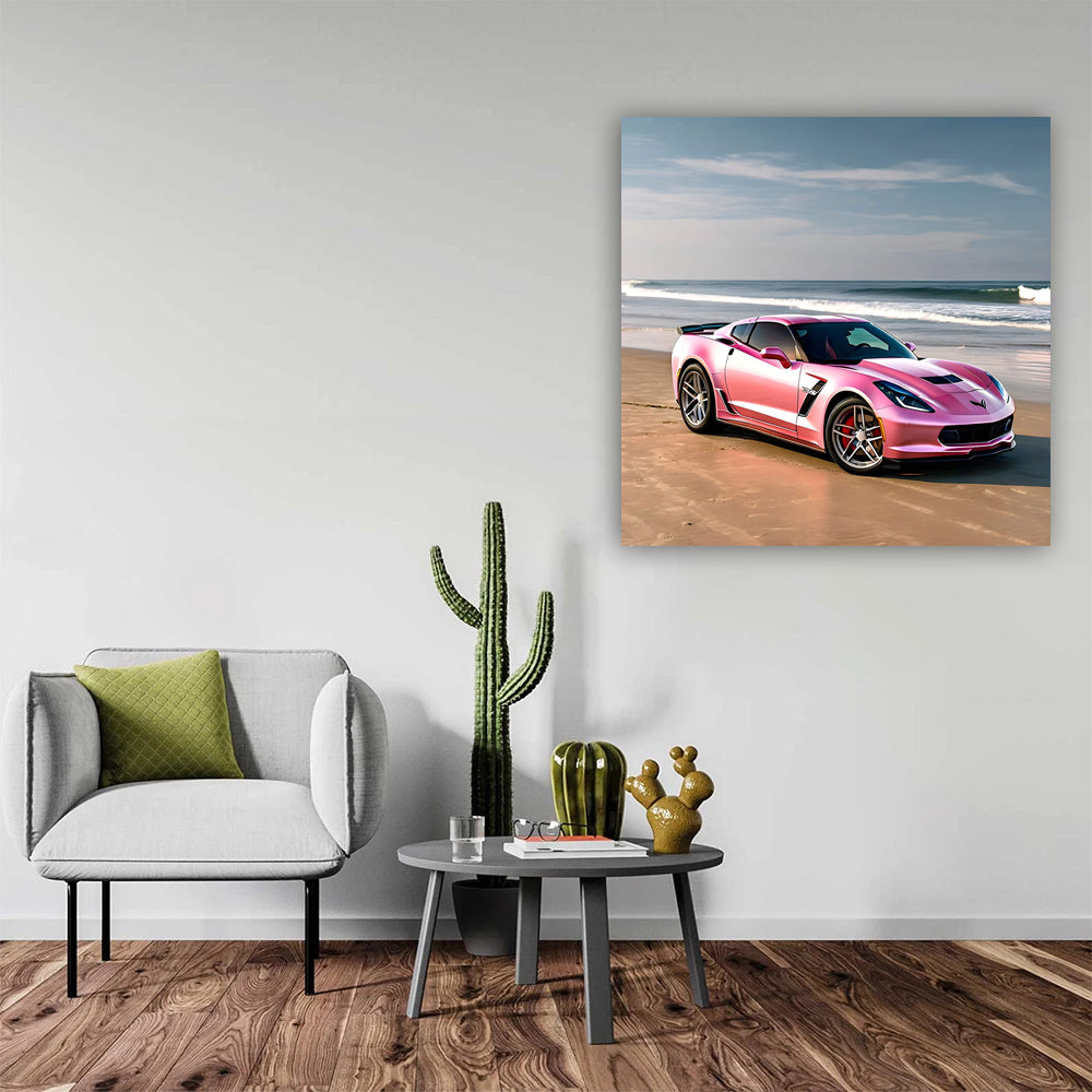 Pink Chevrolet Corvette at Beach - Bold Elegance