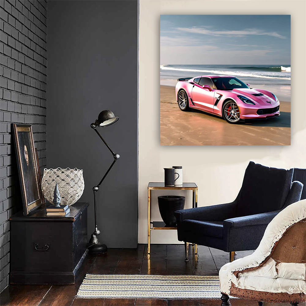 Pink Chevrolet Corvette at Beach - Bold Elegance