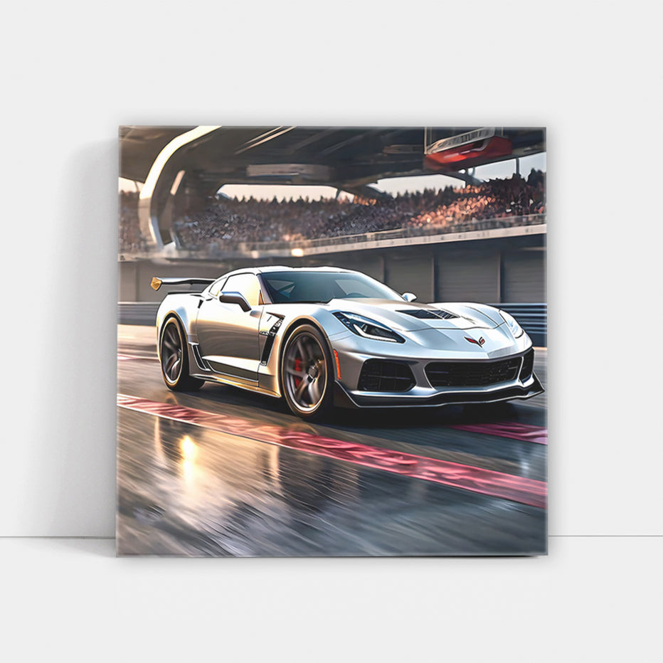 Silver Chevrolet Corvette Racing on Track - Speed and Style