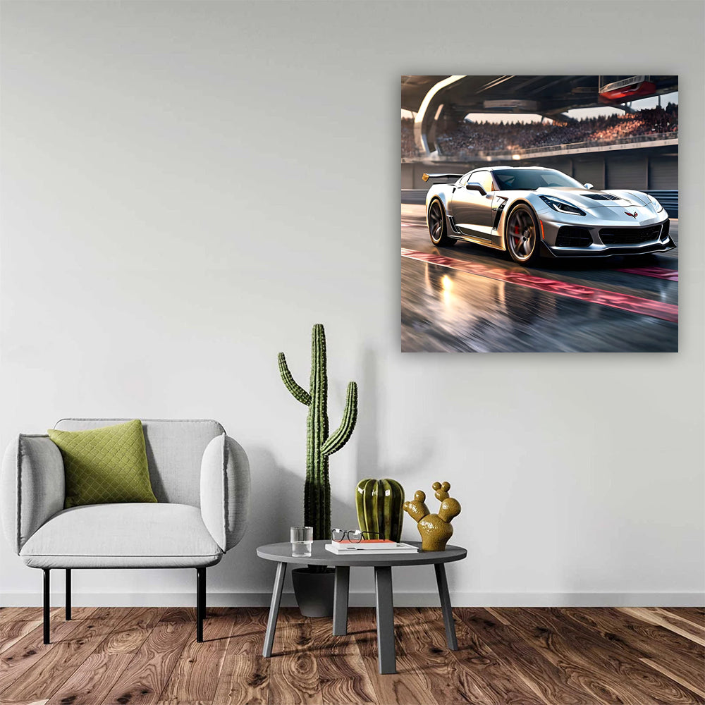 Silver Chevrolet Corvette Racing on Track - Speed and Style
