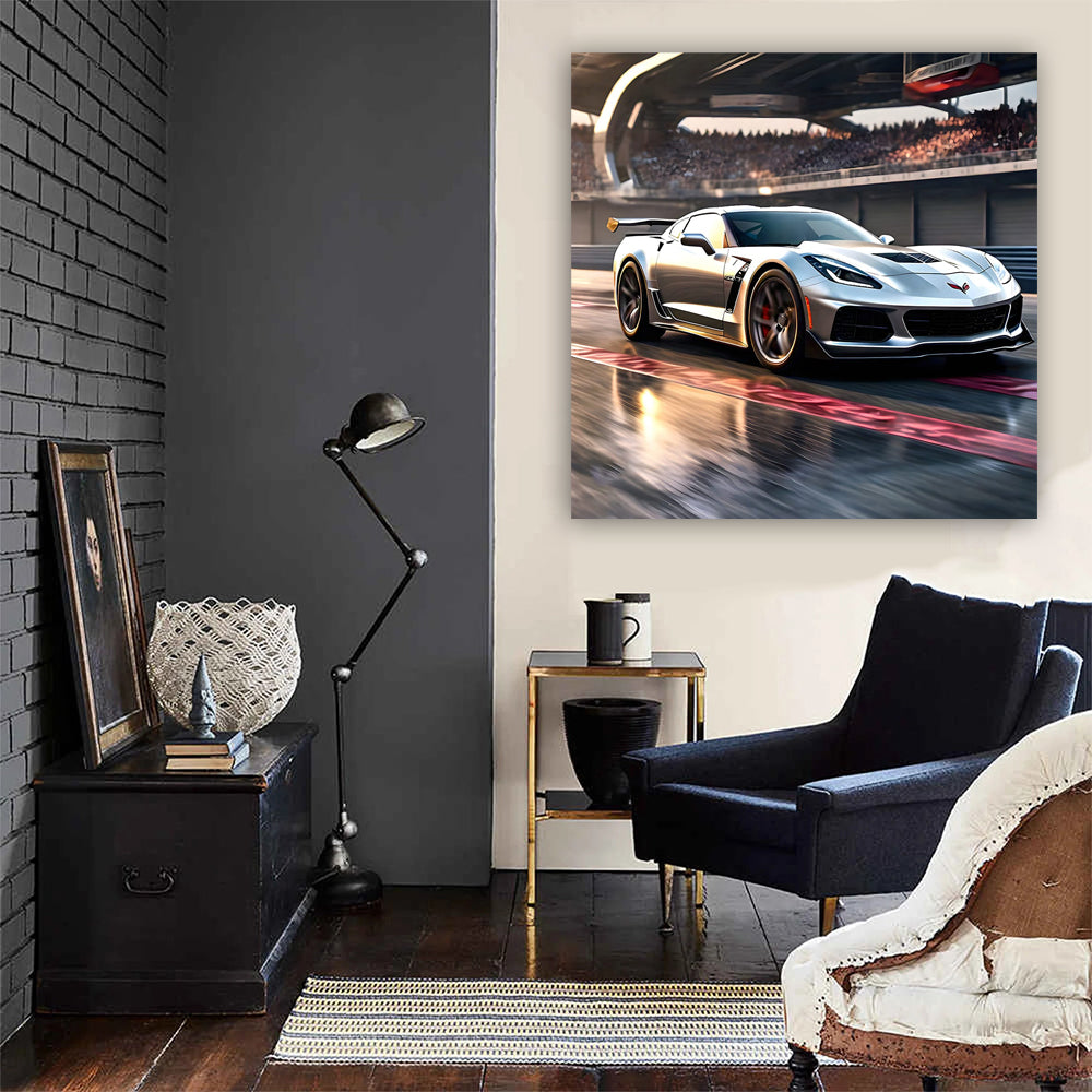 Silver Chevrolet Corvette Racing on Track - Speed and Style
