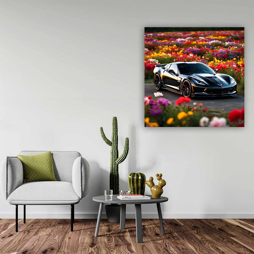 Black Chevrolet Corvette Stingray Amidst Flowers - Bold Elegance