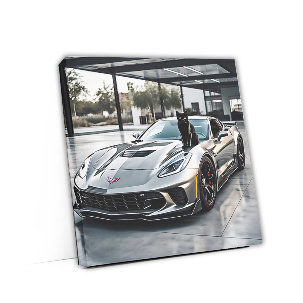 Gray Chevrolet Corvette Stingray with Cat - Sleek and Fast