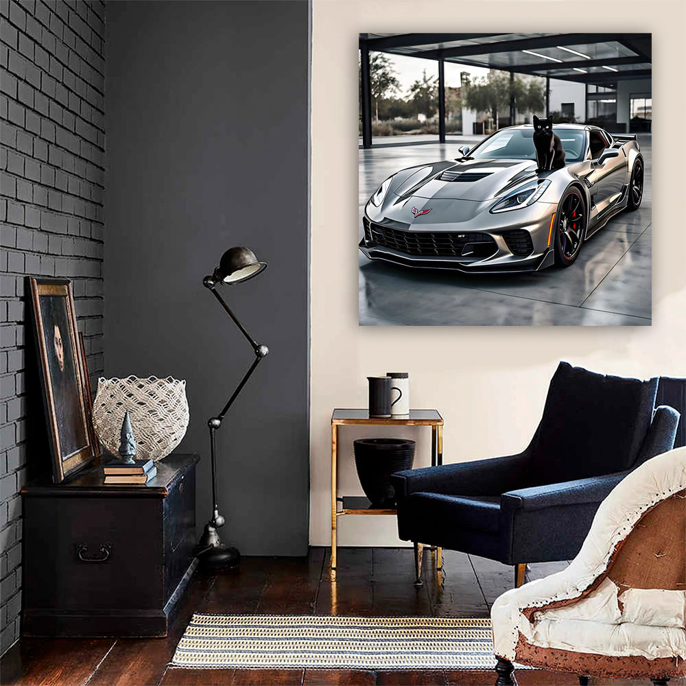 Gray Chevrolet Corvette Stingray with Cat - Sleek and Fast