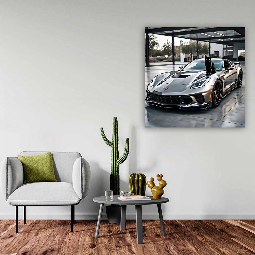 Gray Chevrolet Corvette Stingray with Cat - Sleek and Fast