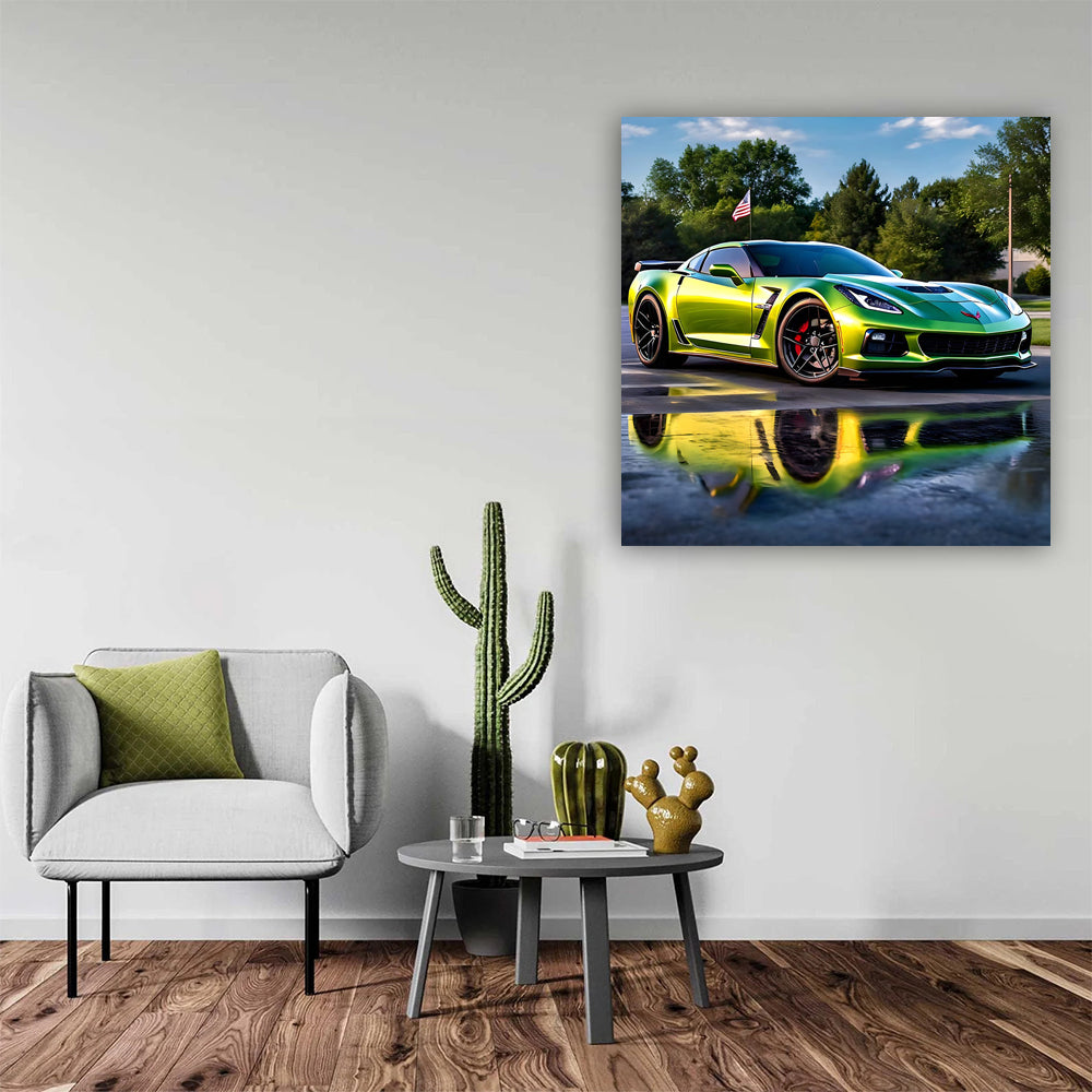 Green Chevrolet Corvette Stingray with U.S. Flag - Bold Power