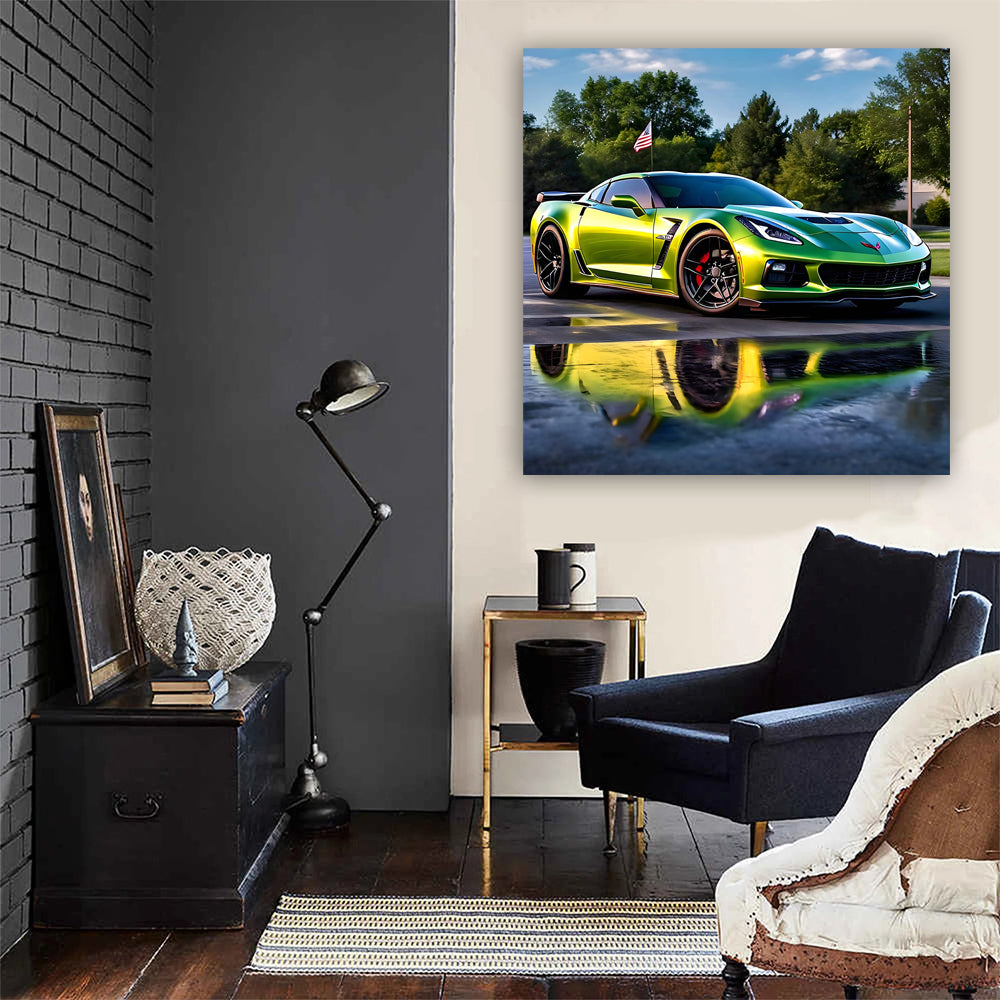 Green Chevrolet Corvette Stingray with U.S. Flag - Bold Power