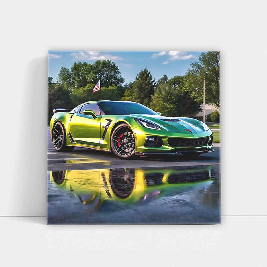Green Chevrolet Corvette Stingray with U.S. Flag - Bold Power