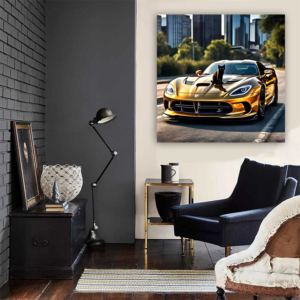 Elegant Gold Dodge Viper with Cat - Bold and Fast