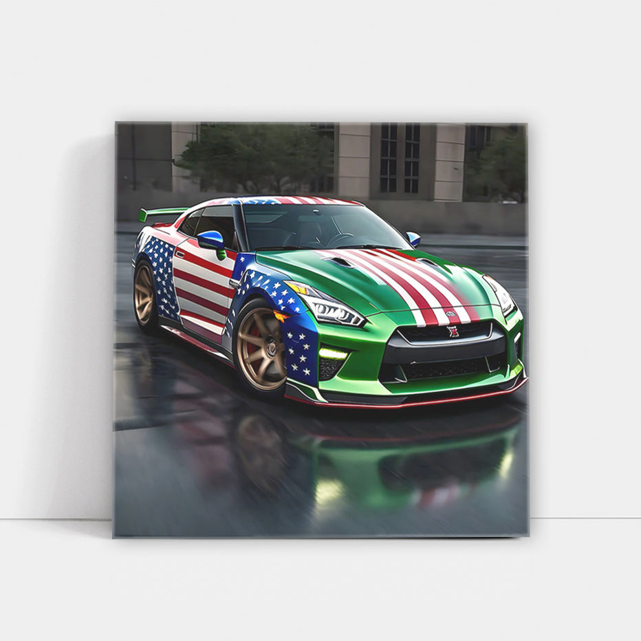 Nissan GT-R in Green with US Flag - Bold and Powerful Ride