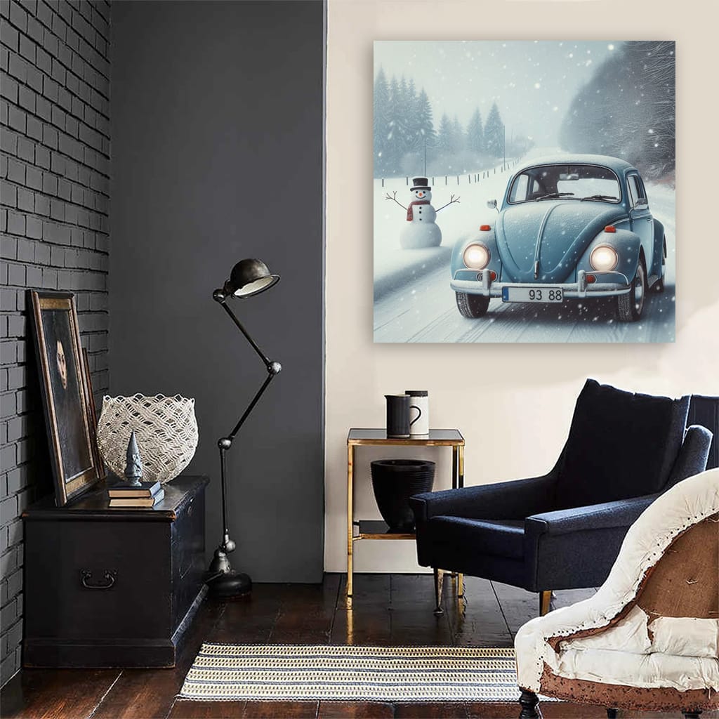 Volkswagen Beetle in Snowfall: Classic Charm in Winter Wonderland