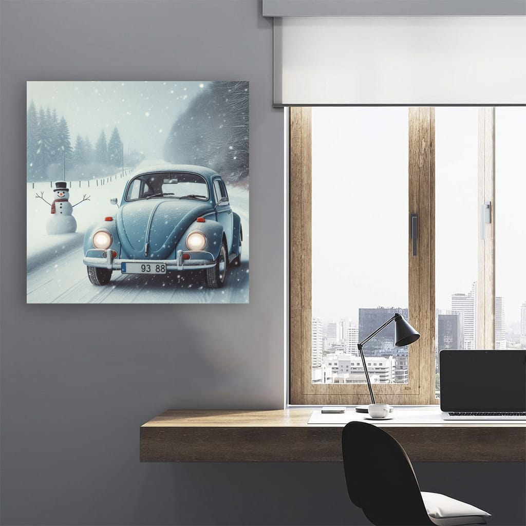 Volkswagen Beetle in Snowfall: Classic Charm in Winter Wonderland