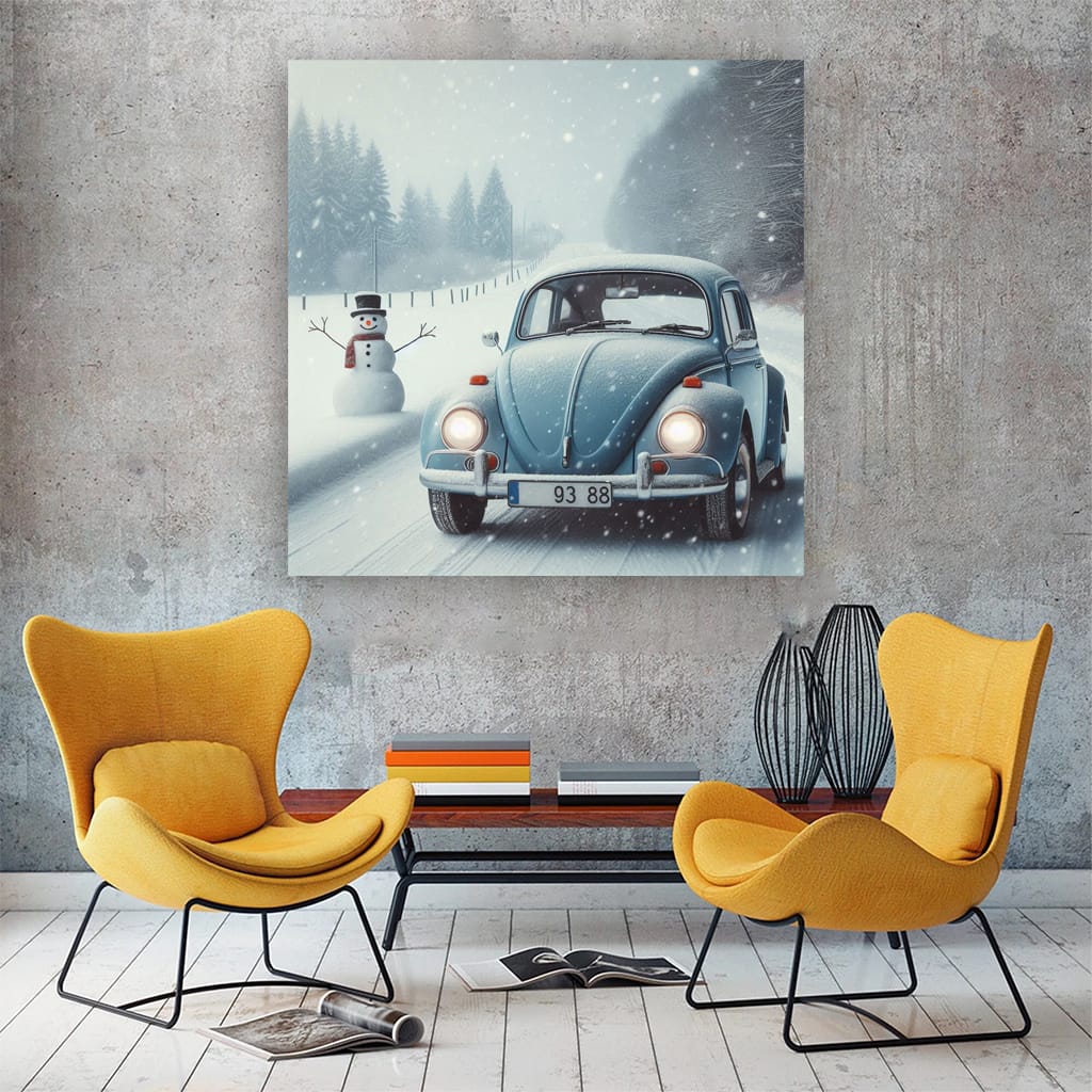 Volkswagen Beetle in Snowfall: Classic Charm in Winter Wonderland